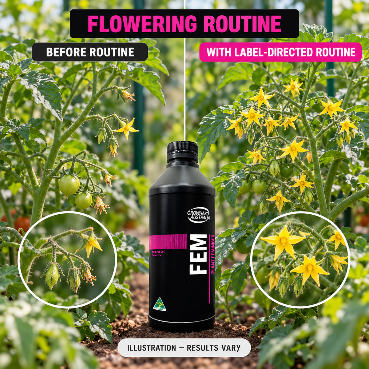 Illustrative tomato flowering comparison before and with a label-directed Growhard FEM routine; results vary.