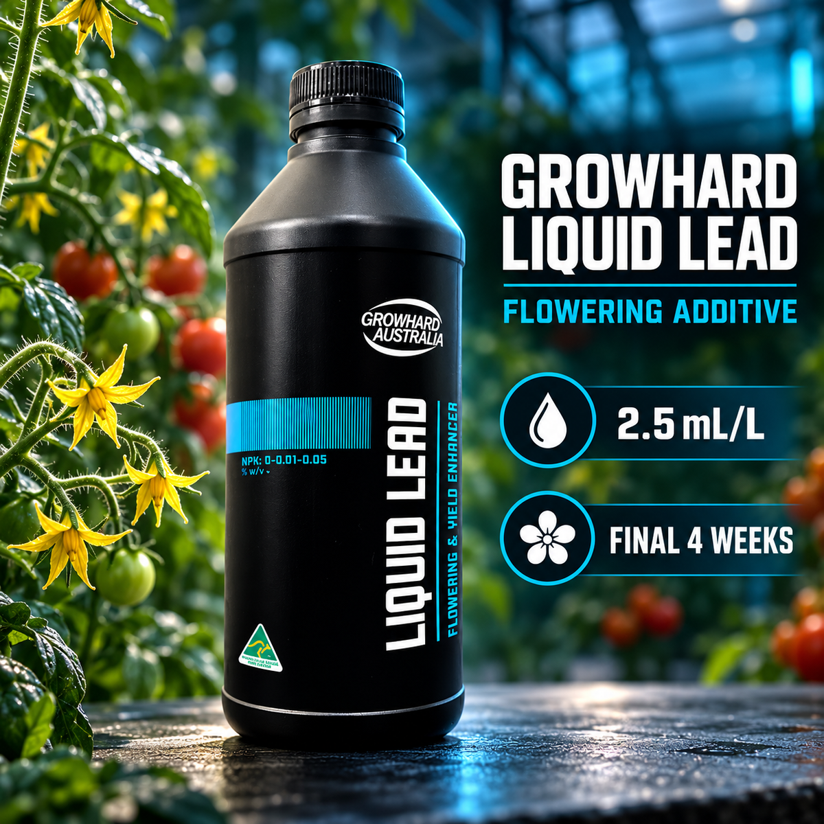 AI-created advertisement of Growhard Liquid Lead 1L with flowering tomato plants, 2.5 mL/L and final four weeks guidance