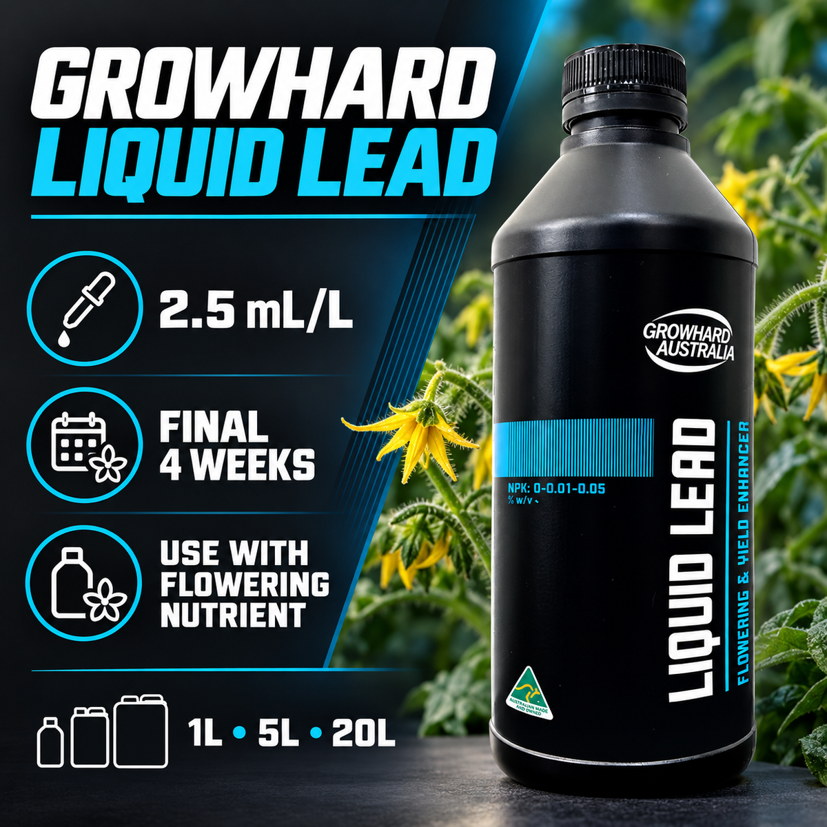 AI-created Growhard Liquid Lead benefits graphic showing 2.5 mL/L, final four weeks and available 1L, 5L and 20L sizes