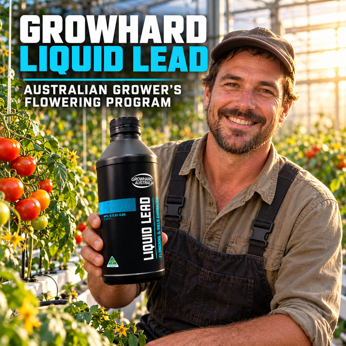 AI-created Australian greenhouse grower holding Growhard Liquid Lead beside flowering tomato plants
