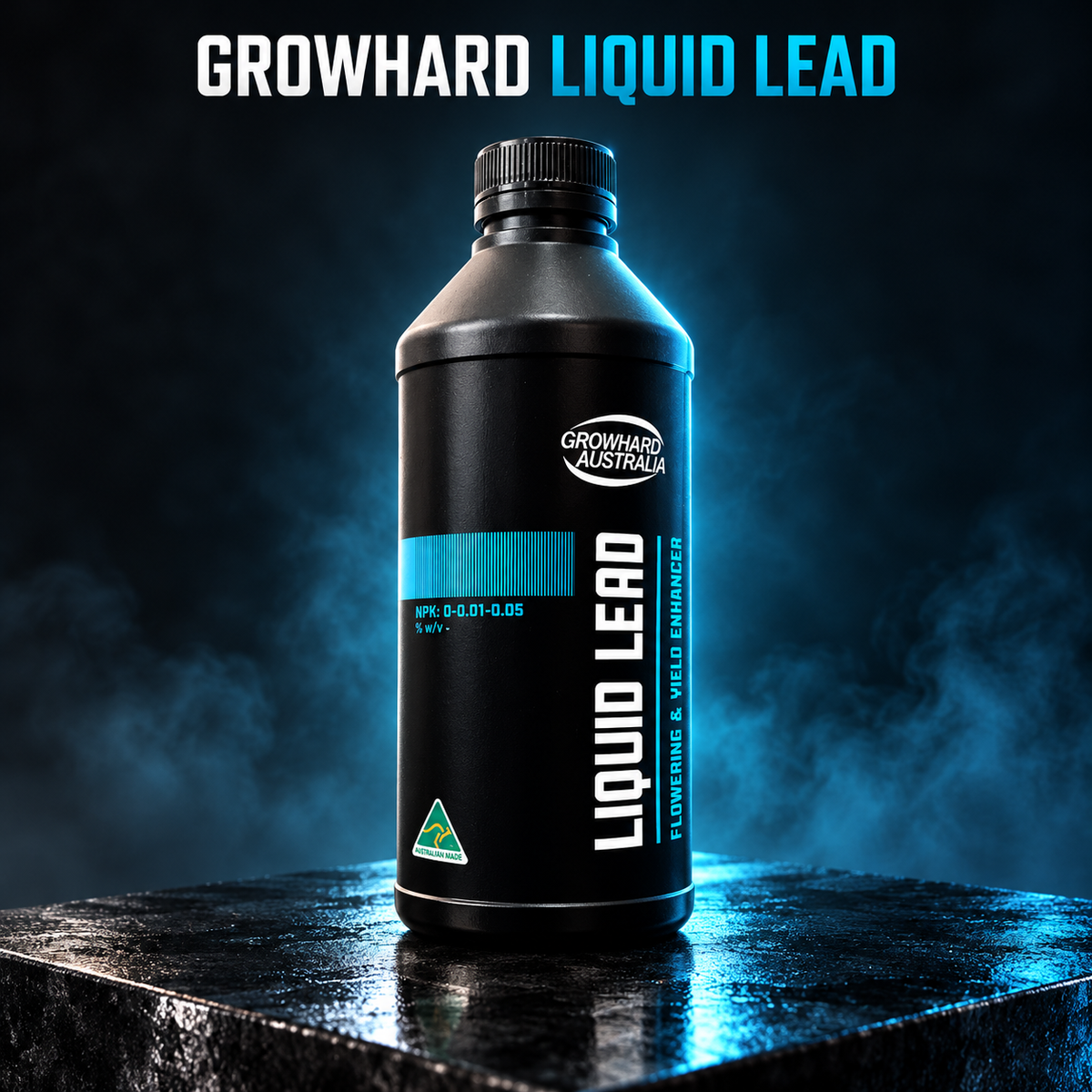 AI-created premium studio render of the black and cyan Growhard Liquid Lead 1L bottle