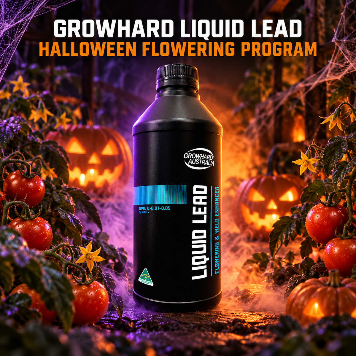 AI-created Halloween hero image of Growhard Liquid Lead with orange and purple lighting, pumpkins and flowering tomatoes