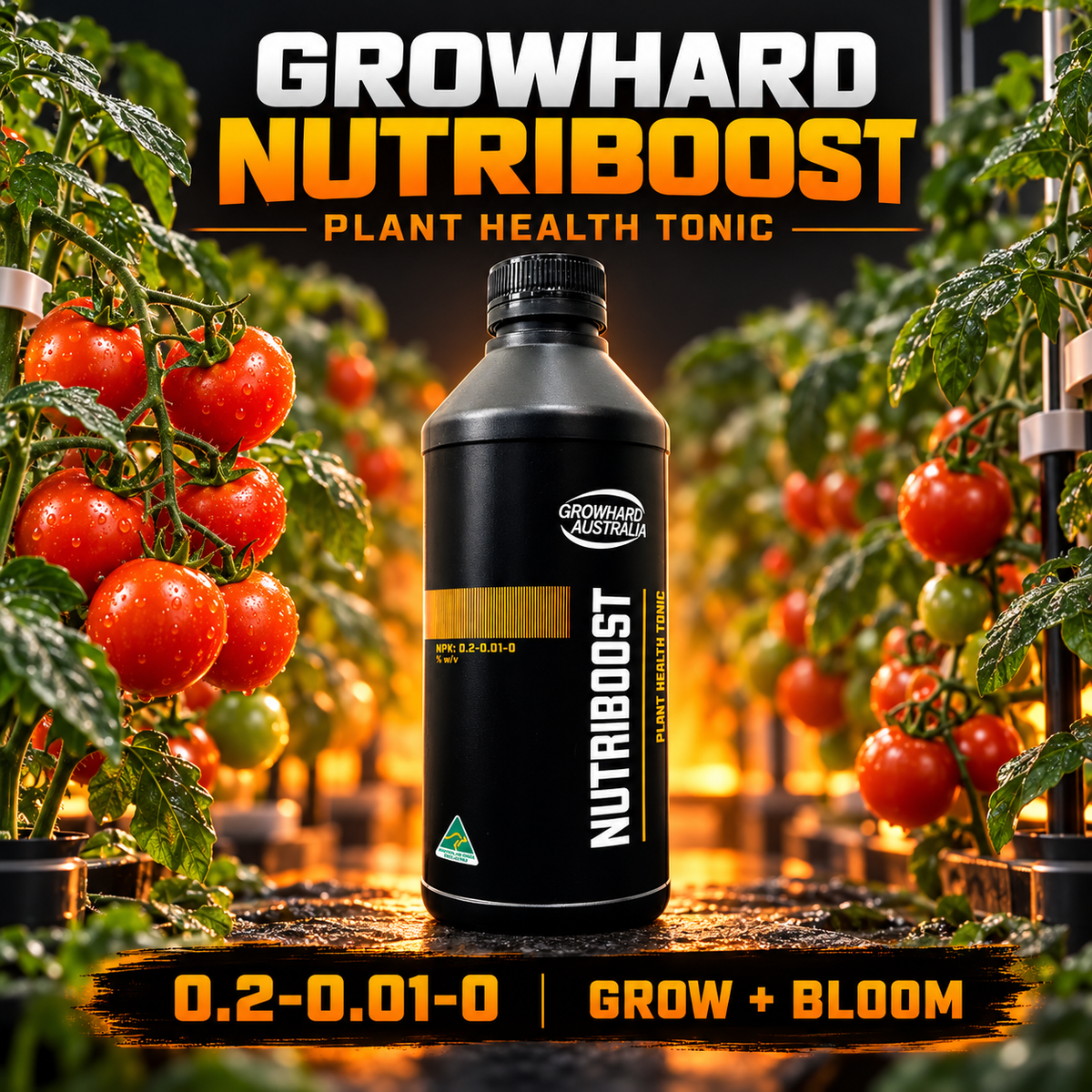 AI-created Growhard Nutriboost advertisement with accurate black bottle and tomato greenhouse.