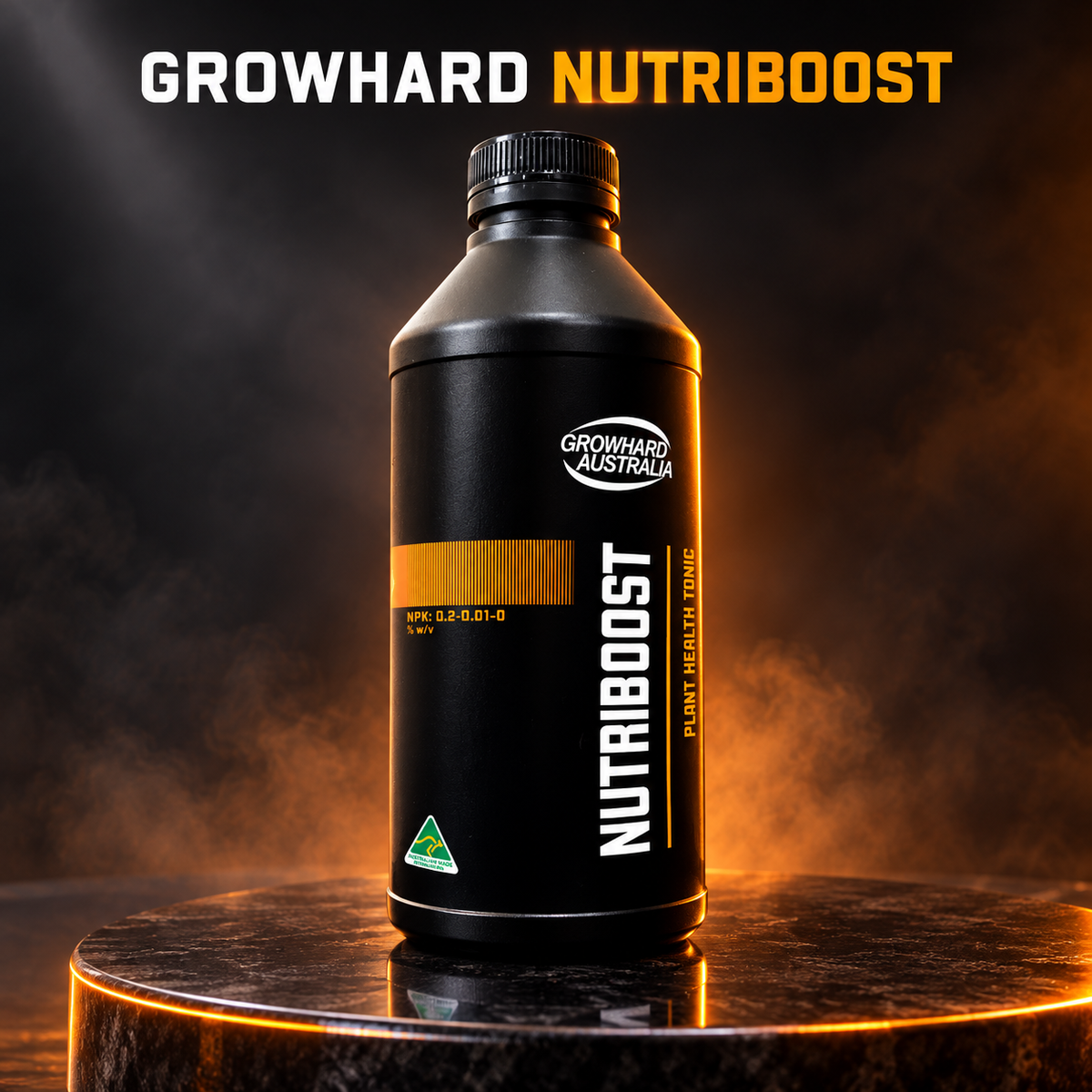 AI-created premium 3D render of the accurate Growhard Nutriboost black bottle.