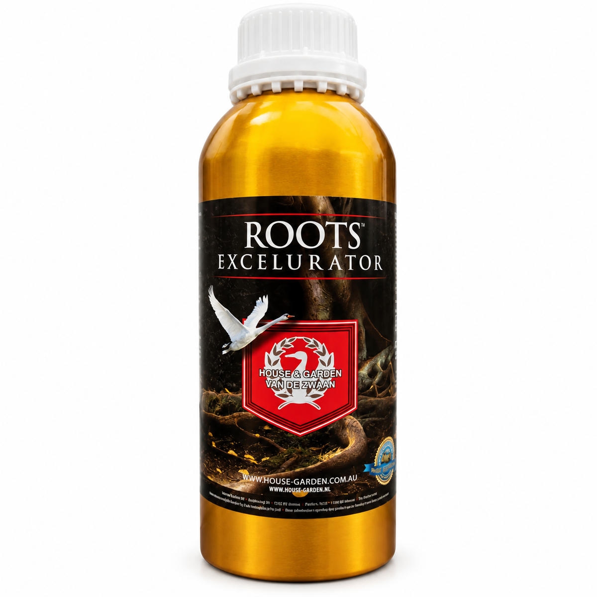 AI-created clean product render of a closed House & Garden Roots Excelurator 250mL amber bottle on a white background.