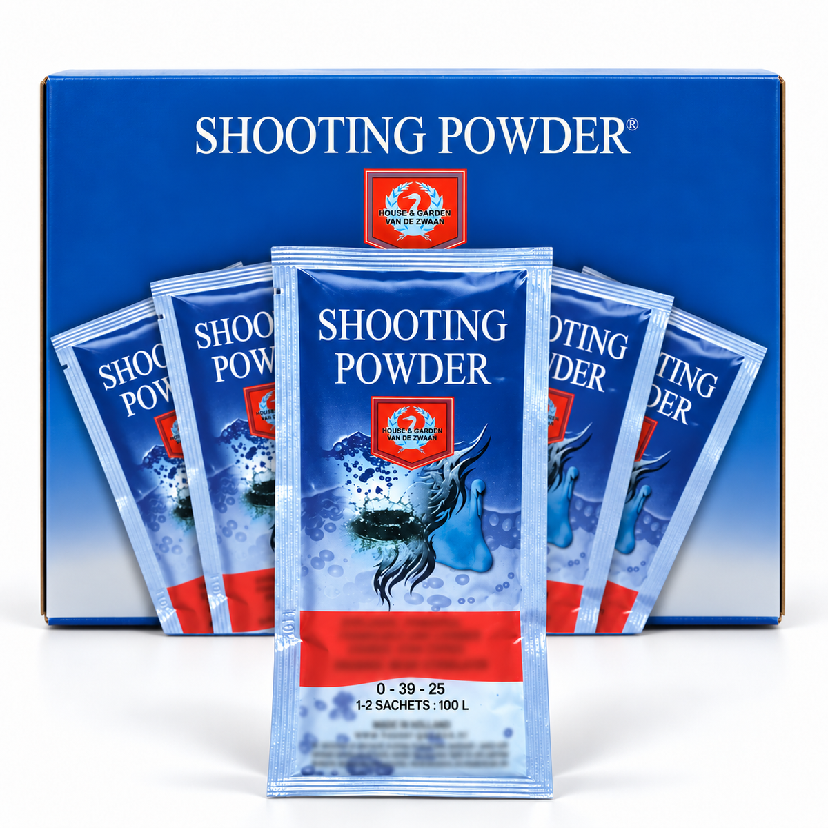 AI-created clean product render of a sealed House & Garden Shooting Powder sachet and five-sachet box on a white background.