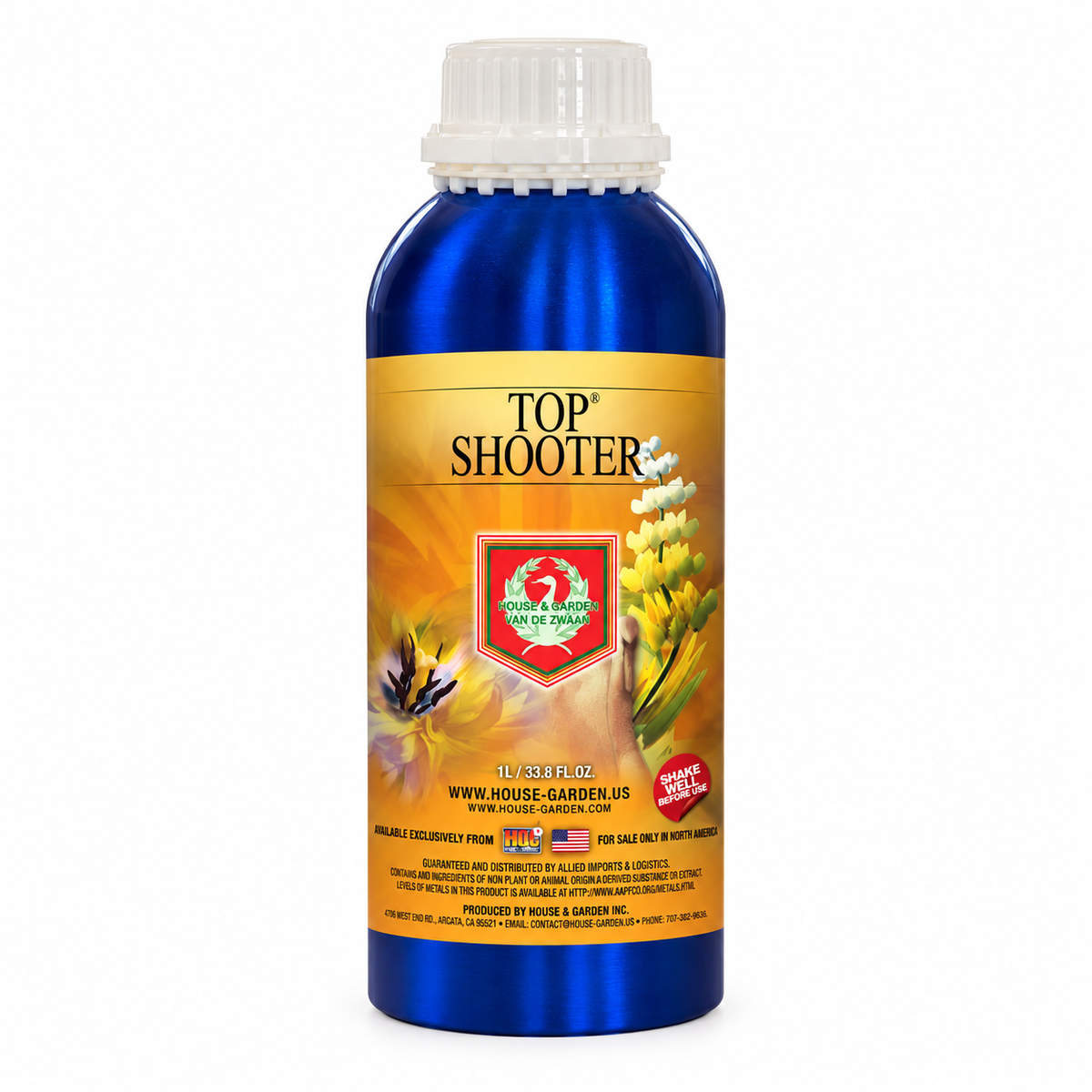 AI-created clean product render of the House & Garden Top Shooter 1L cobalt-blue bottle on a white background.