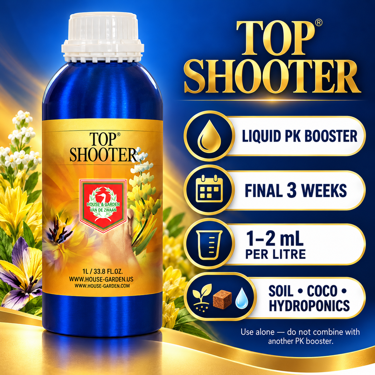 HOUSE & GARDEN TOP SHOOTER features infographic showing liquid PK booster, final-three-week use, 1–2mL/L rate and compatible growing media.