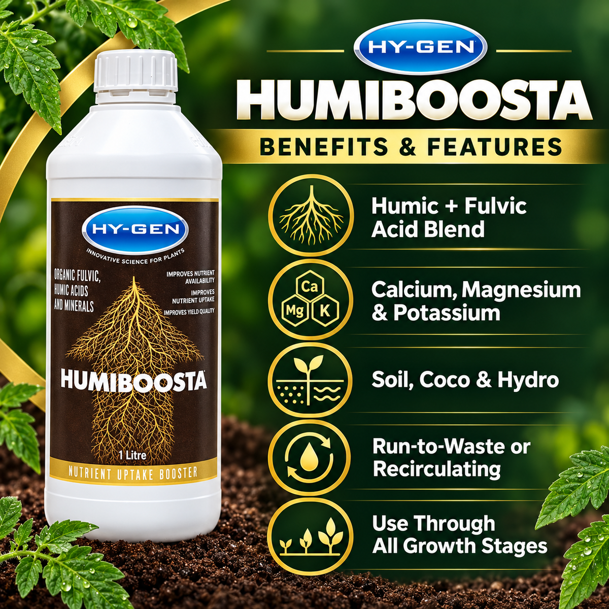 HY-GEN HUMIBOOSTA benefits and features infographic showing humic and fulvic acids, added calcium, magnesium and potassium, and system compatibility.