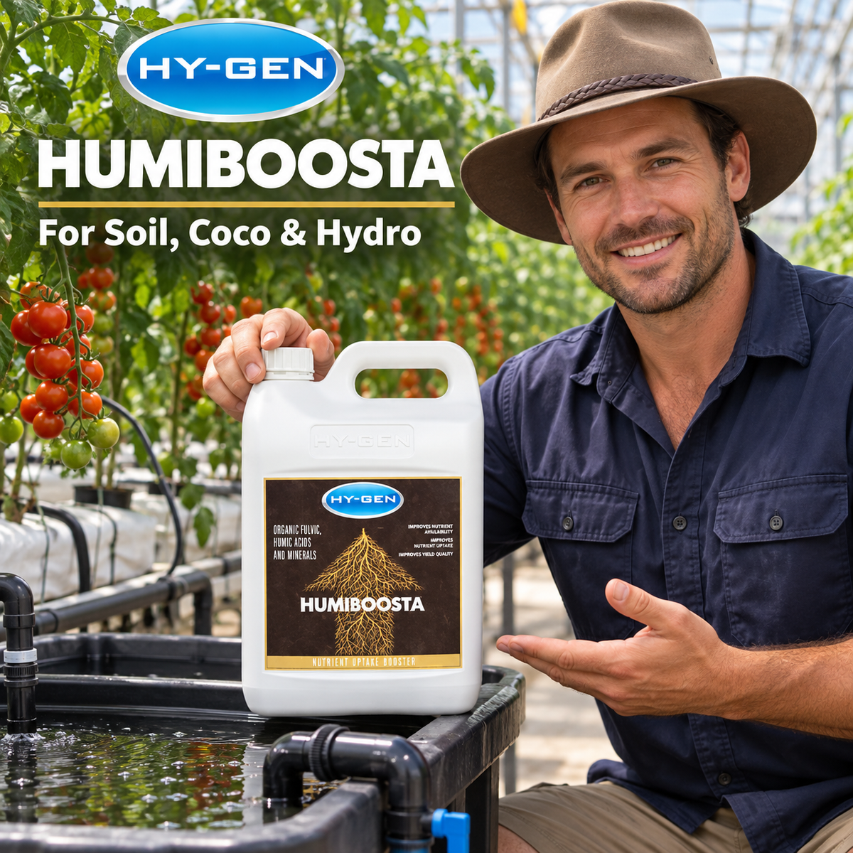 Adult Australian tomato greenhouse grower introducing a closed 5L jug of HY-GEN HUMIBOOSTA beside a hydroponic reservoir.