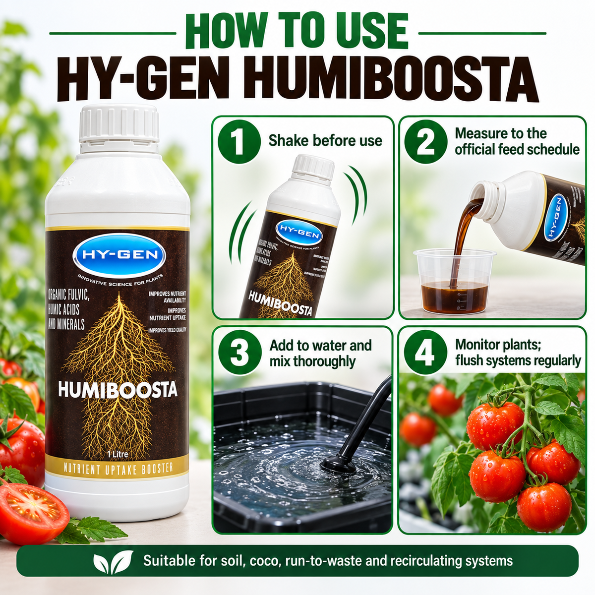 Four-step HY-GEN HUMIBOOSTA guide: shake, measure to the official feed schedule, mix with water, then monitor plants and flush systems regularly.