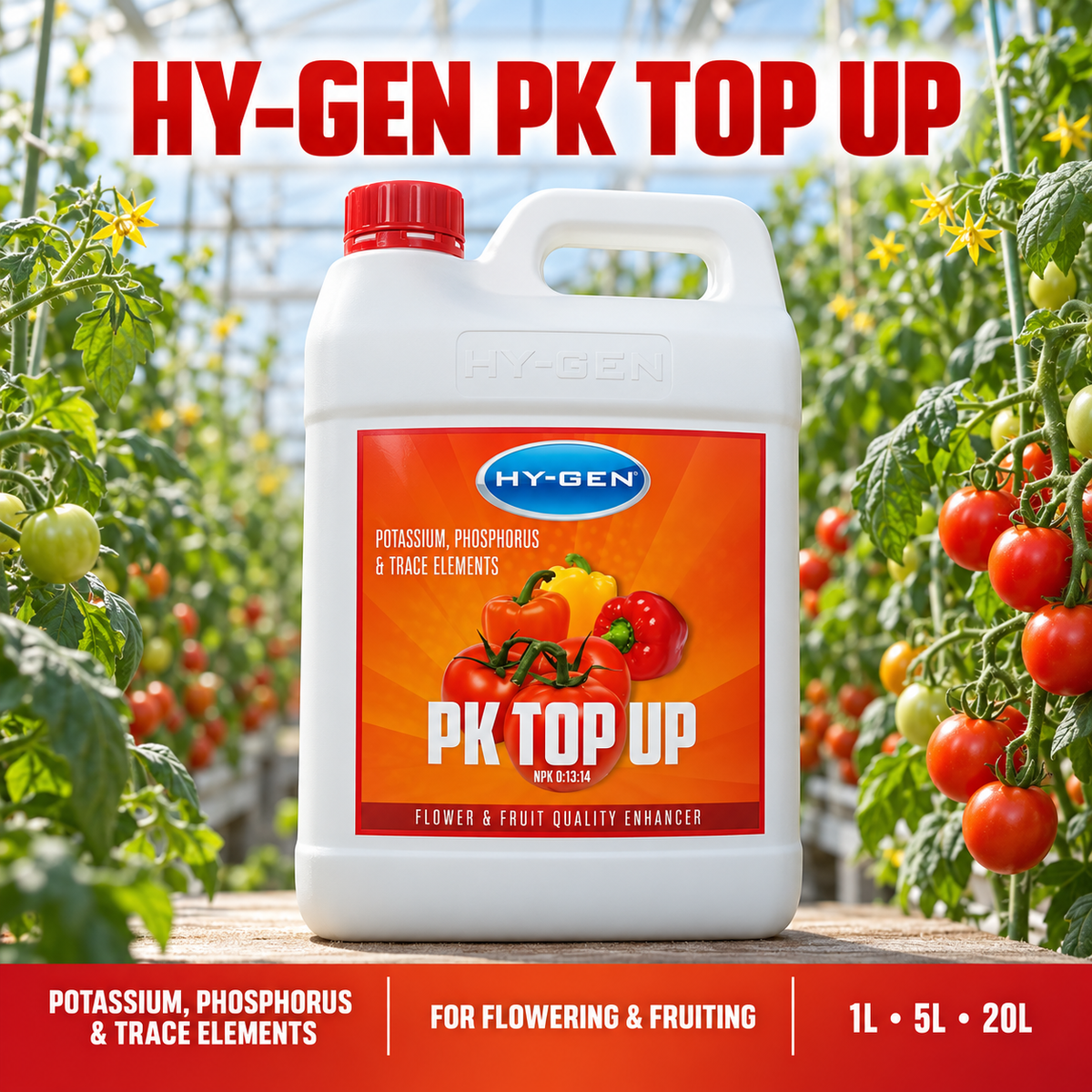 General advertisement for HY-GEN PK TOP UP showing the white 5L jug in a flowering tomato greenhouse with 1L, 5L and 20L options.
