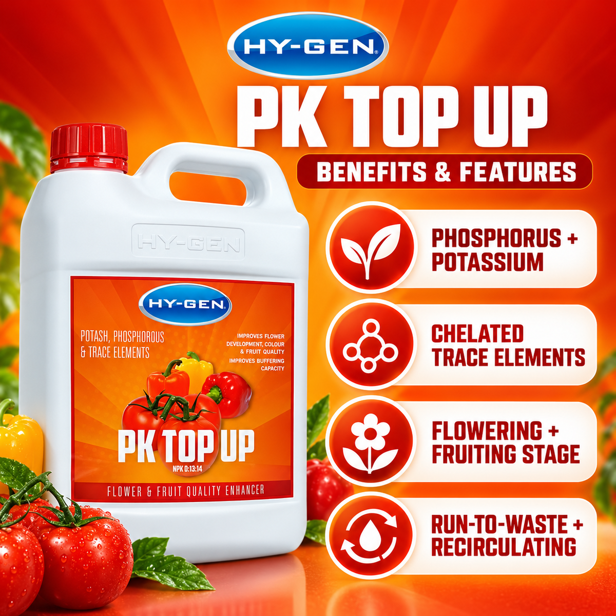 HY-GEN PK TOP UP benefits and features infographic showing phosphorus, potassium, chelated trace elements and compatible growing systems.