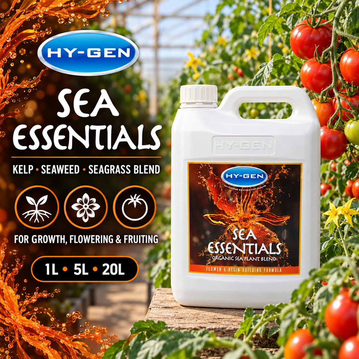 General advertisement for HY-GEN SEA ESSENTIALS showing the white 5L jug in a flowering tomato greenhouse with 1L, 5L and 20L options.