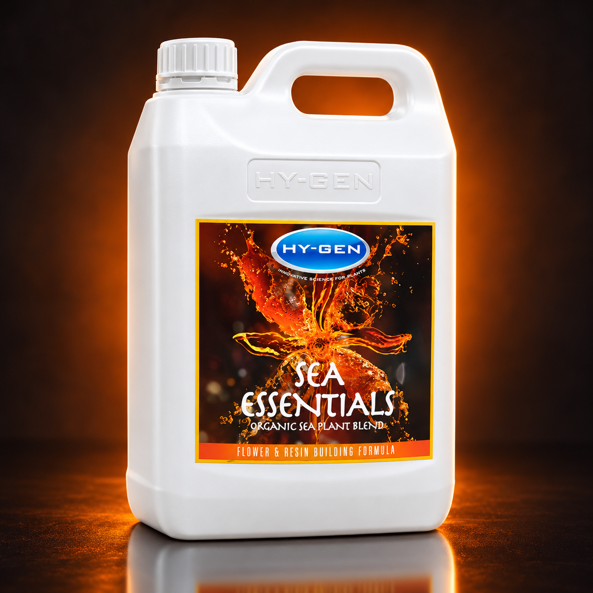 Premium three-quarter 3D render of the white HY-GEN SEA ESSENTIALS 5L jug with black and orange label on a dark studio background.