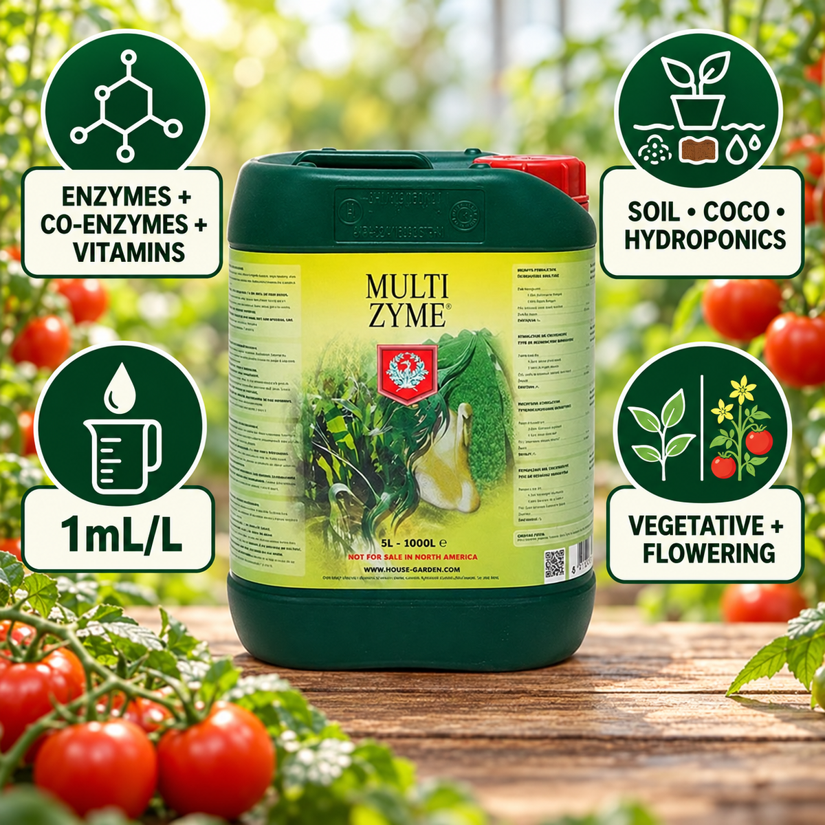 House & Garden Multizyme features infographic showing enzymes, co-enzymes and vitamins, 1mL/L use, supported media and growth stages.