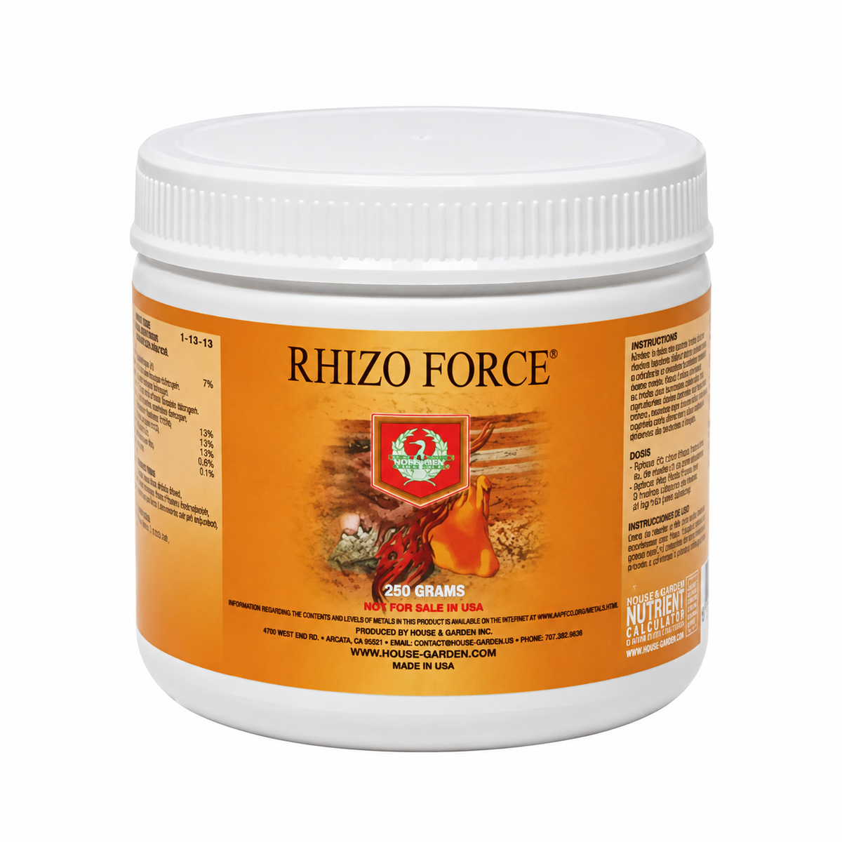 AI-created clean featured image of House & Garden Rhizo Force 250g tub on a white background.