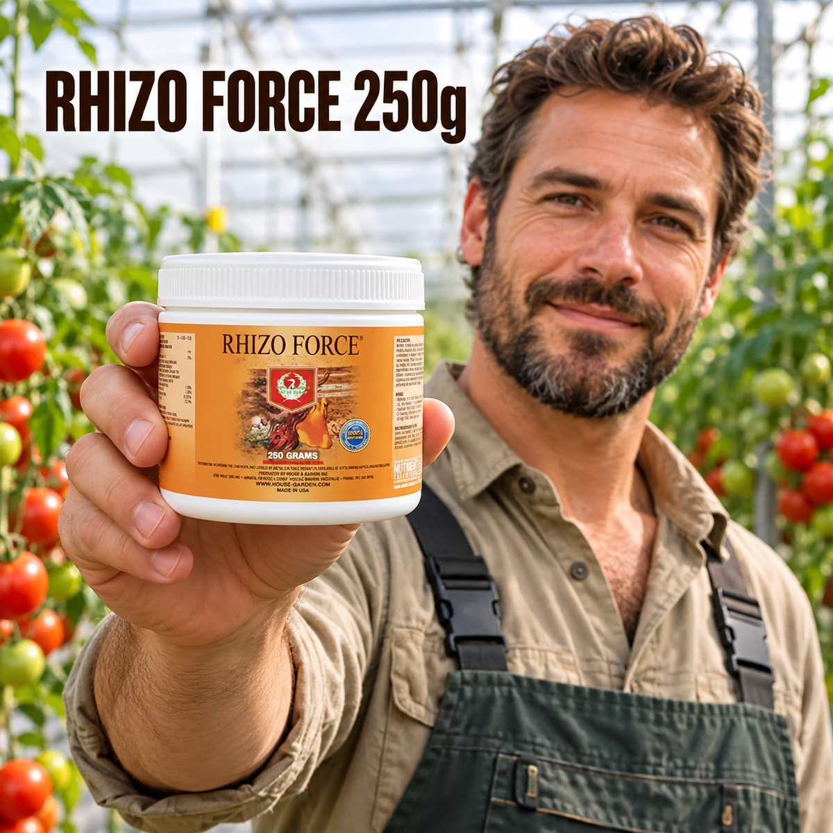 Adult Australian tomato greenhouse grower presenting a closed House & Garden Rhizo Force 250g tub.