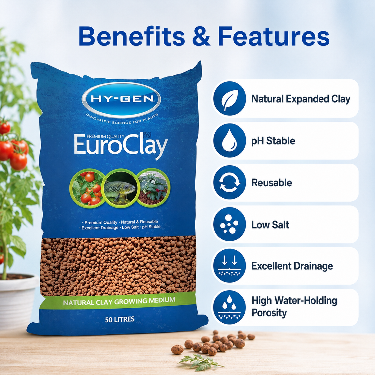 Benefits and features of Hy-Gen Euro Clay 50L Bag, including pH stability, low salt, drainage, porosity and reusability.