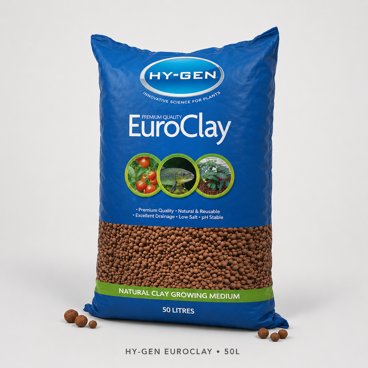 Premium three-quarter 3D render of the blue Hy-Gen Euro Clay natural clay growing medium 50L bag.