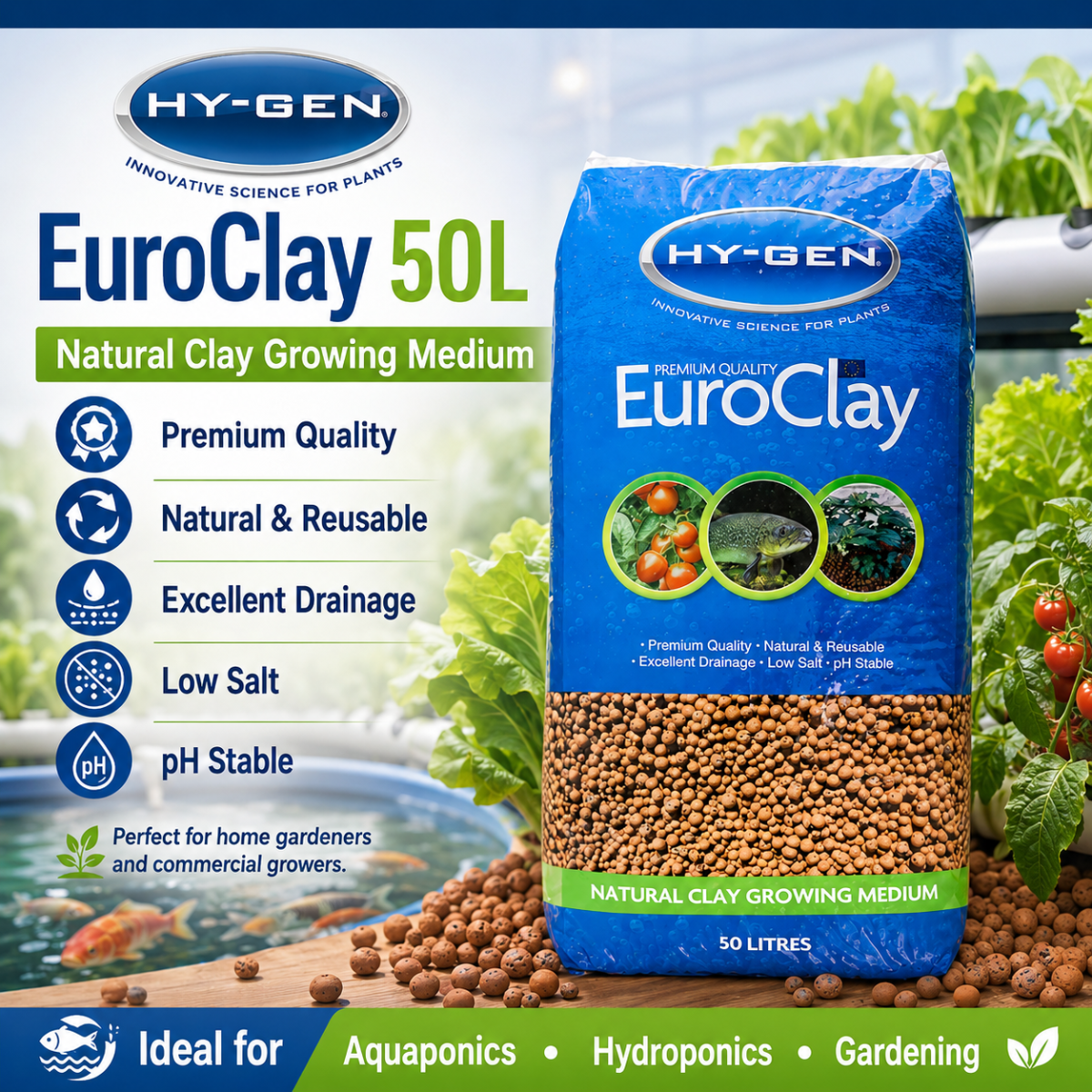 HY-GEN EuroClay 50L natural expanded clay growing medium for hydroponics, aquaponics and gardening.