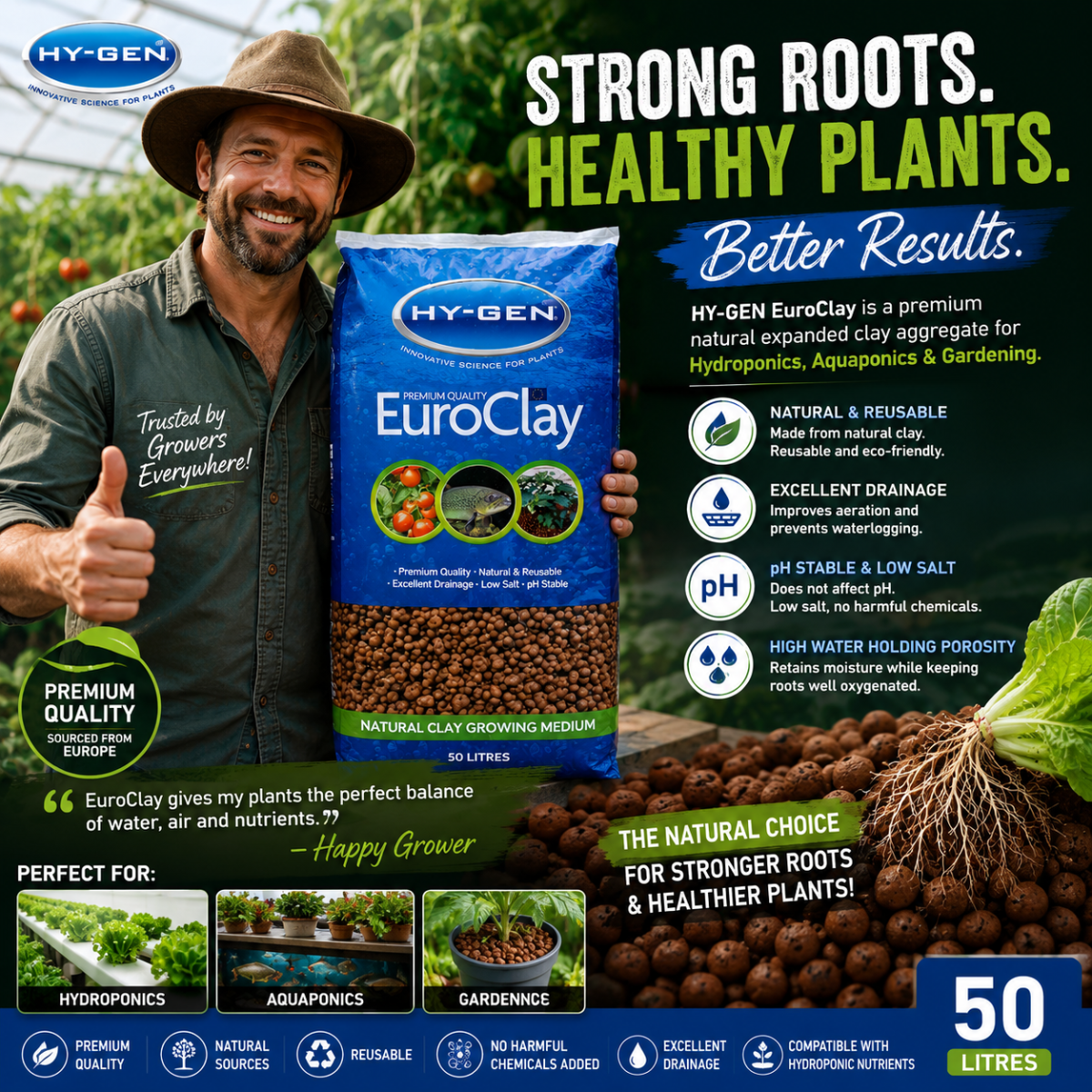 HY-GEN EuroClay 50L natural expanded clay growing medium for hydroponics, aquaponics and gardening.