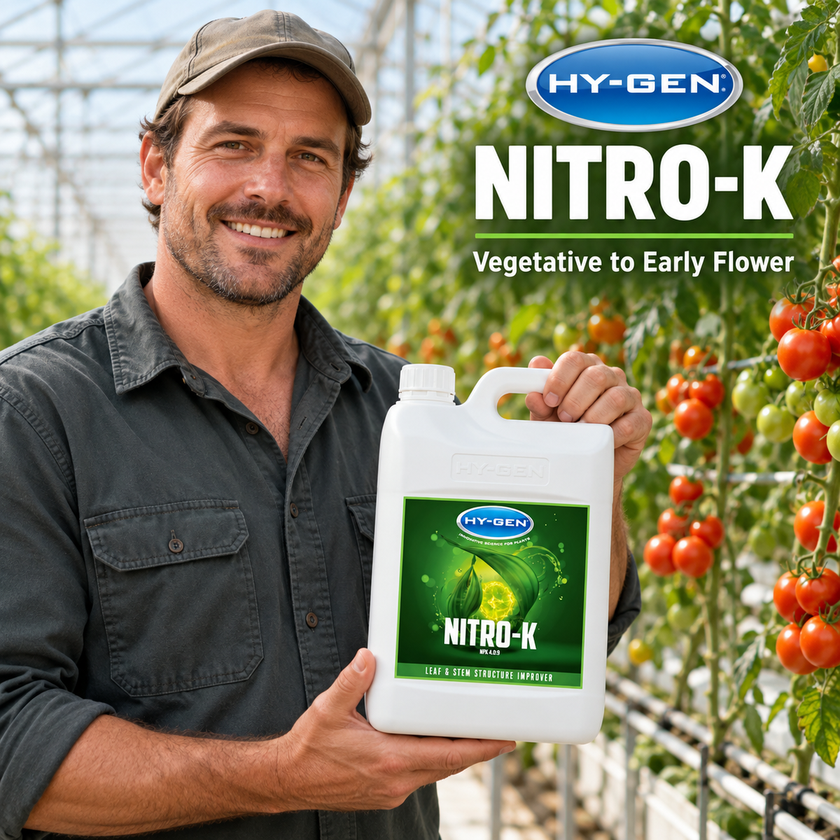 Adult Australian tomato greenhouse grower presenting a closed white 5L jug of HY-GEN Nitro-K.