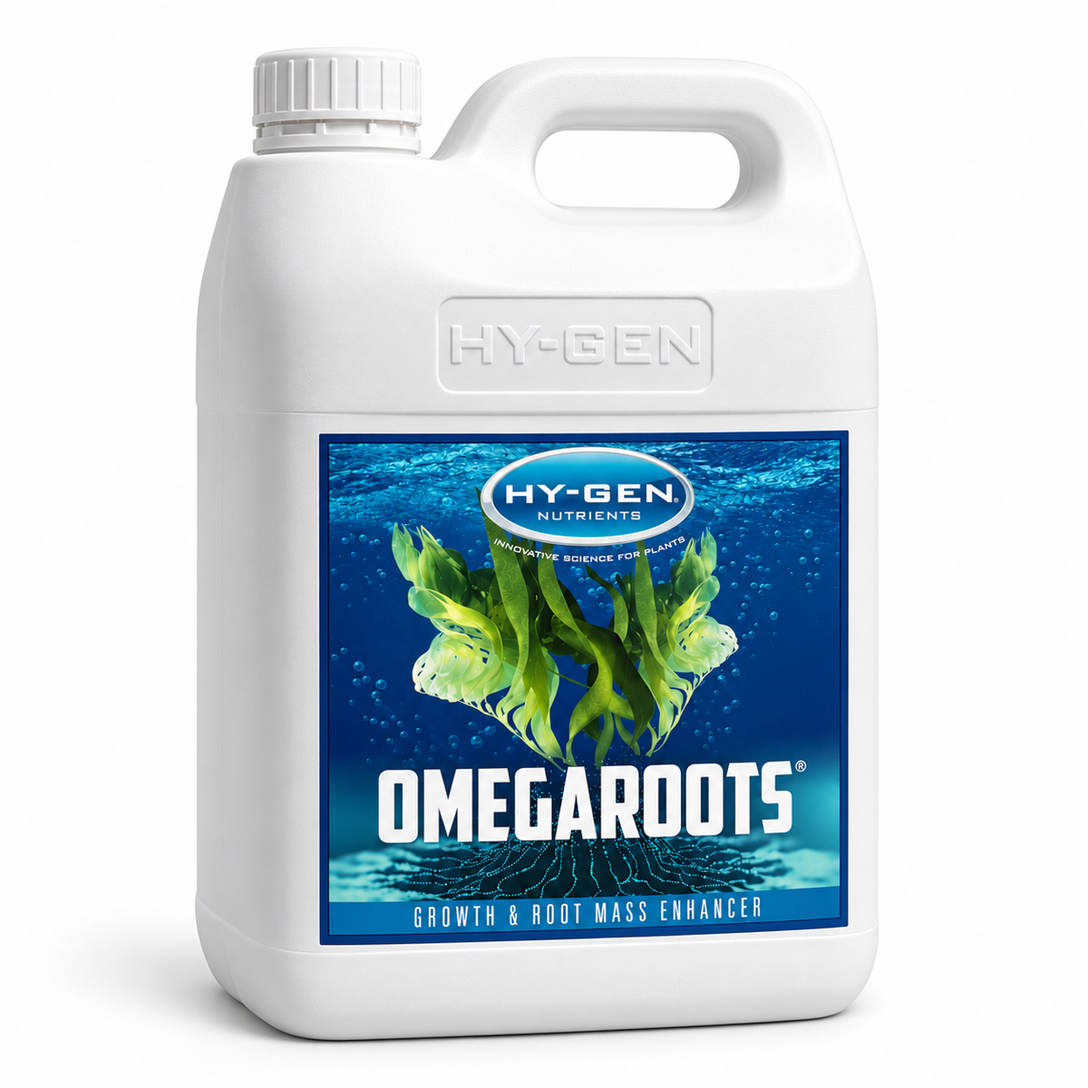 AI-created clean render of the white HY-GEN Omegaroots 5L jug with blue sea-kelp label on a white background.