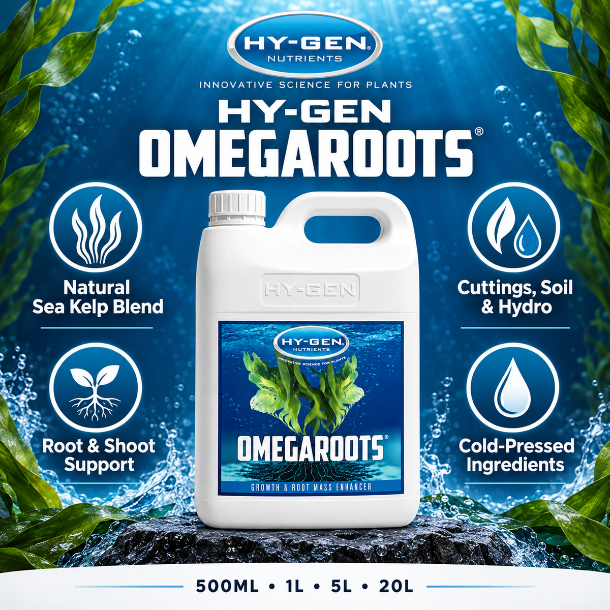 HY-GEN Omegaroots benefits and features infographic showing its sea-kelp blend, root and shoot support, system uses and cold-pressed ingredients.