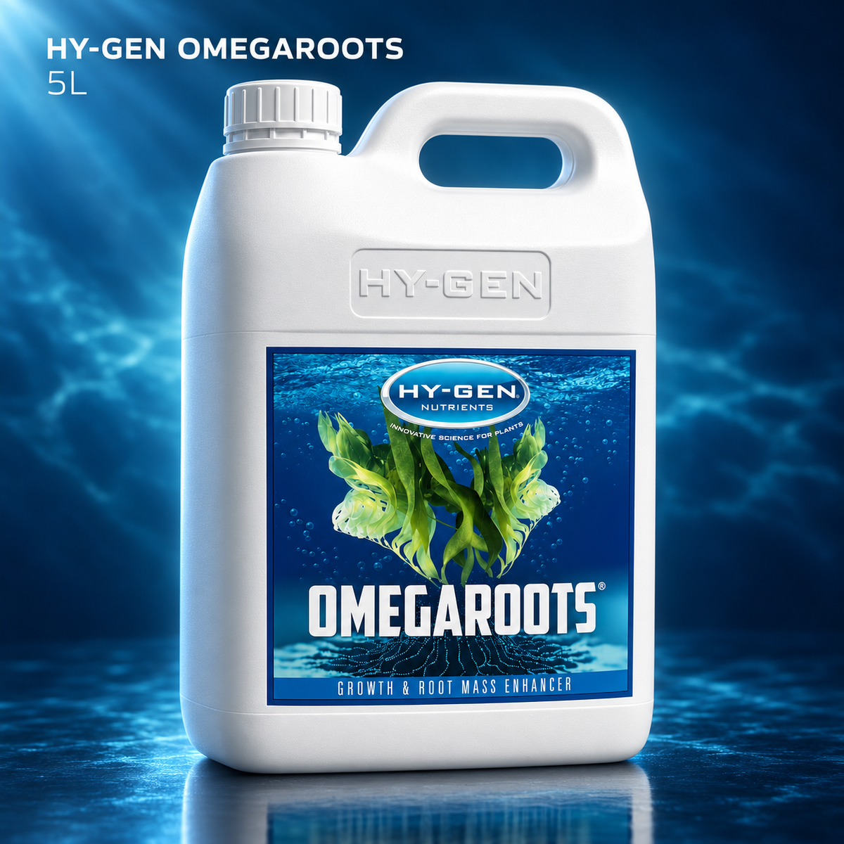 Premium three-quarter 3D render of the white HY-GEN Omegaroots 5L jug with blue sea-kelp label on a deep blue studio background.