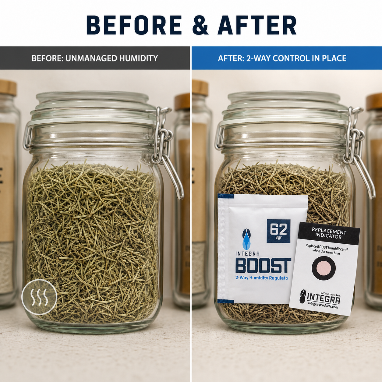 Before and after comparison of a sealed rosemary jar without humidity control and with an Integra Boost 62% RH 8g pack and indicator card.