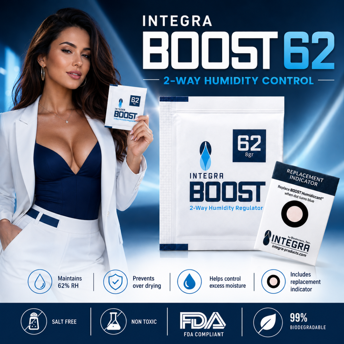 Adult woman presenting an Integra Boost 62% RH 8g humidity pack and Replacement Indicator Card in a blue product advertisement.