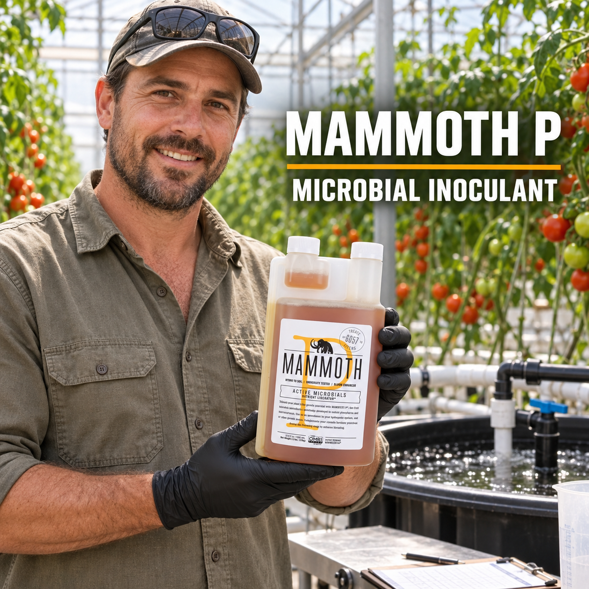 Adult Australian tomato greenhouse grower presenting a closed 1L twin-neck bottle of Mammoth P beside a hydroponic reservoir.