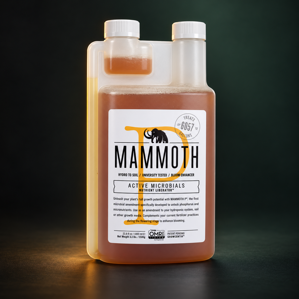 Premium three-quarter 3D render of the Mammoth P 1L twin-neck bottle with amber-brown liquid on a dark green studio background.