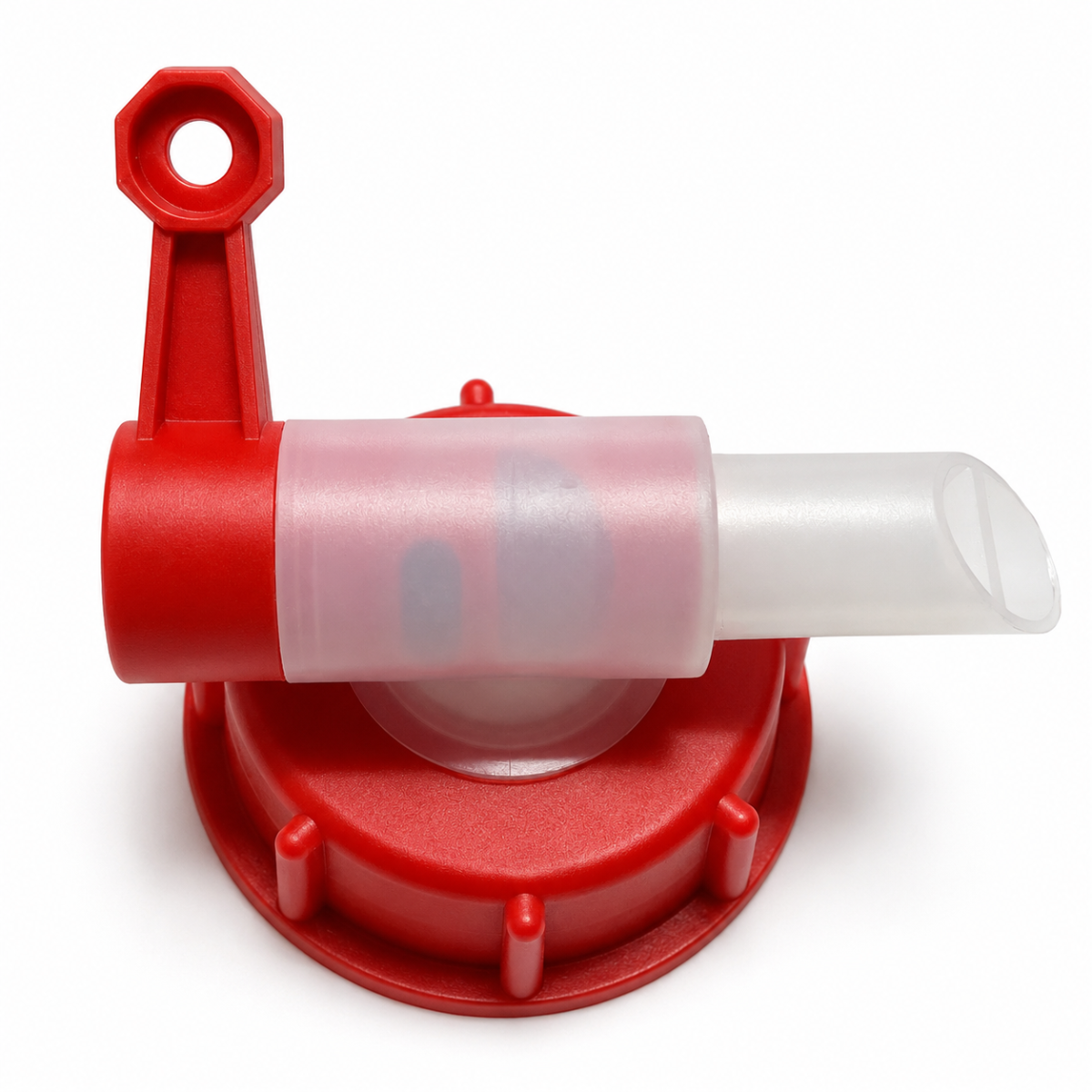 Red and white Mills Drum Tap for dispensing nutrients and additives from compatible containers.