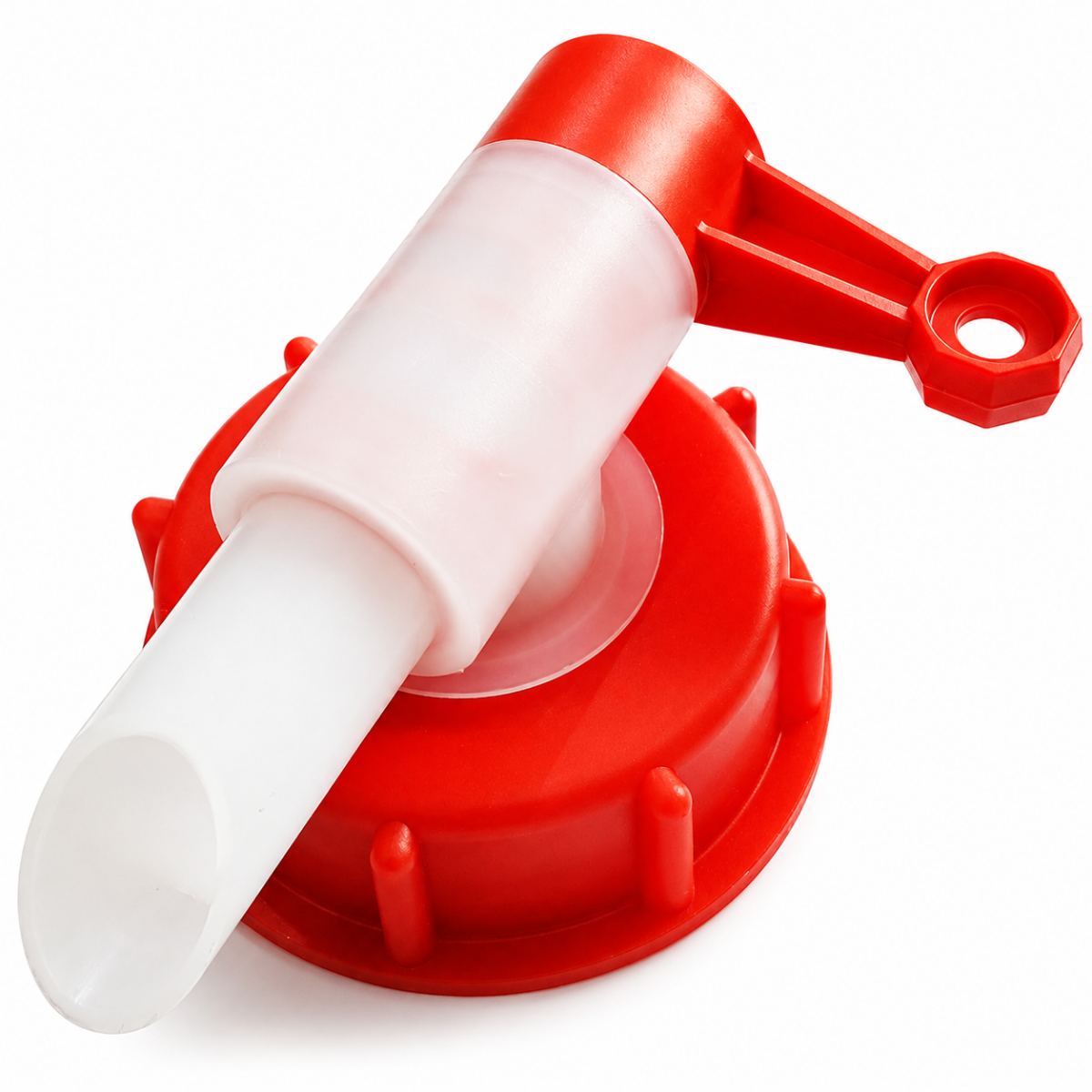 Red and white Mills Drum Tap for dispensing nutrients and additives from compatible containers.