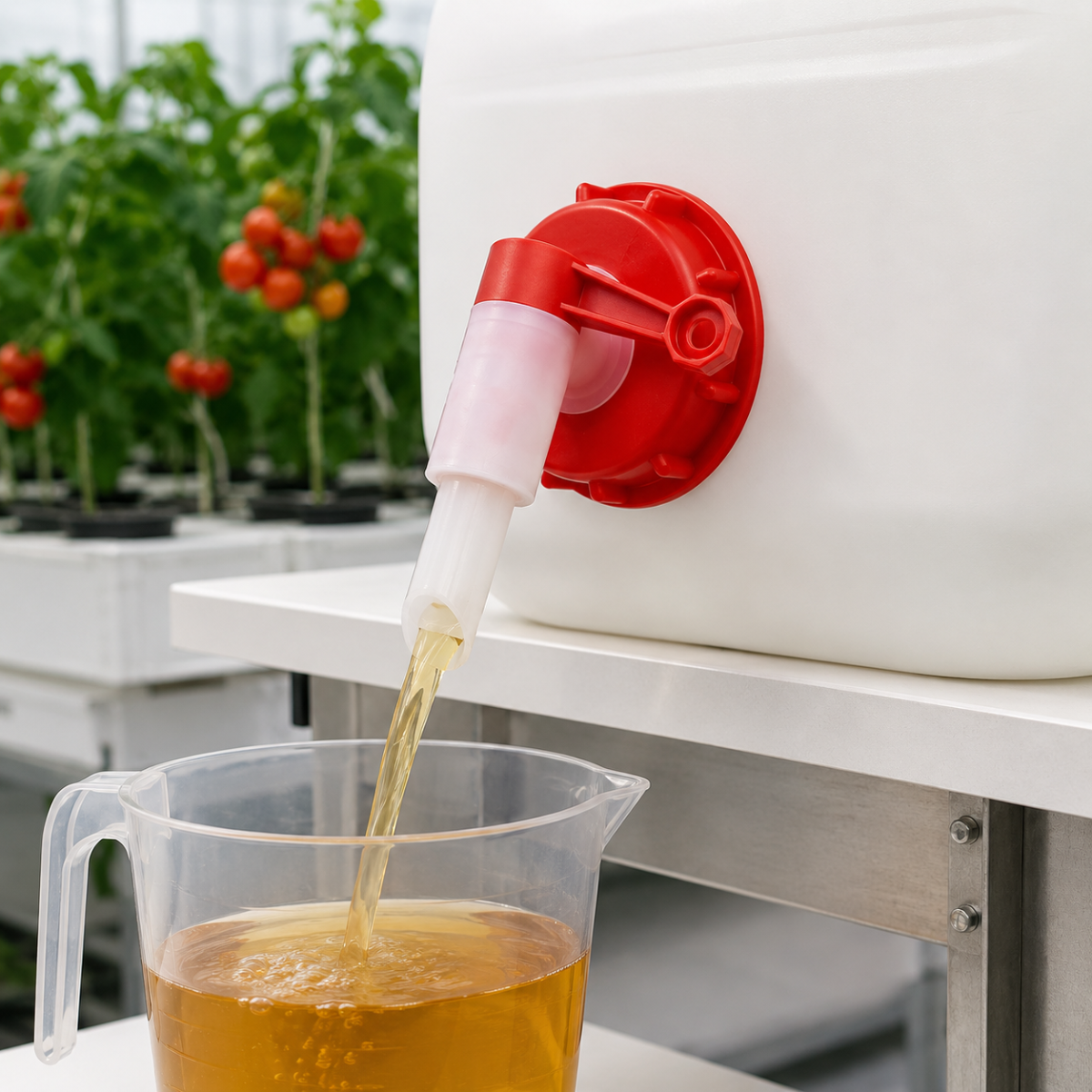 Red and white Mills Drum Tap for dispensing nutrients and additives from compatible containers.