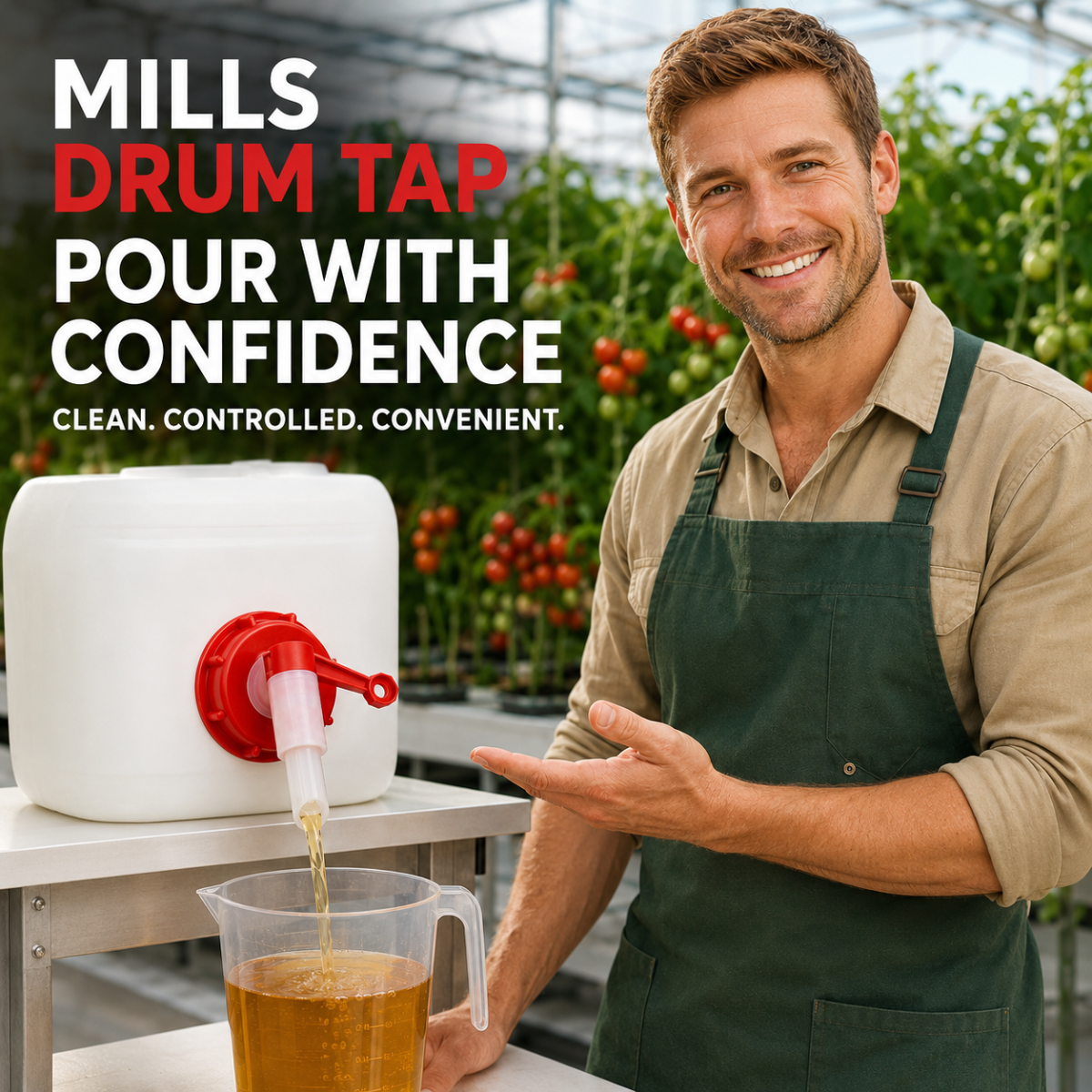 Red and white Mills Drum Tap for dispensing nutrients and additives from compatible containers.