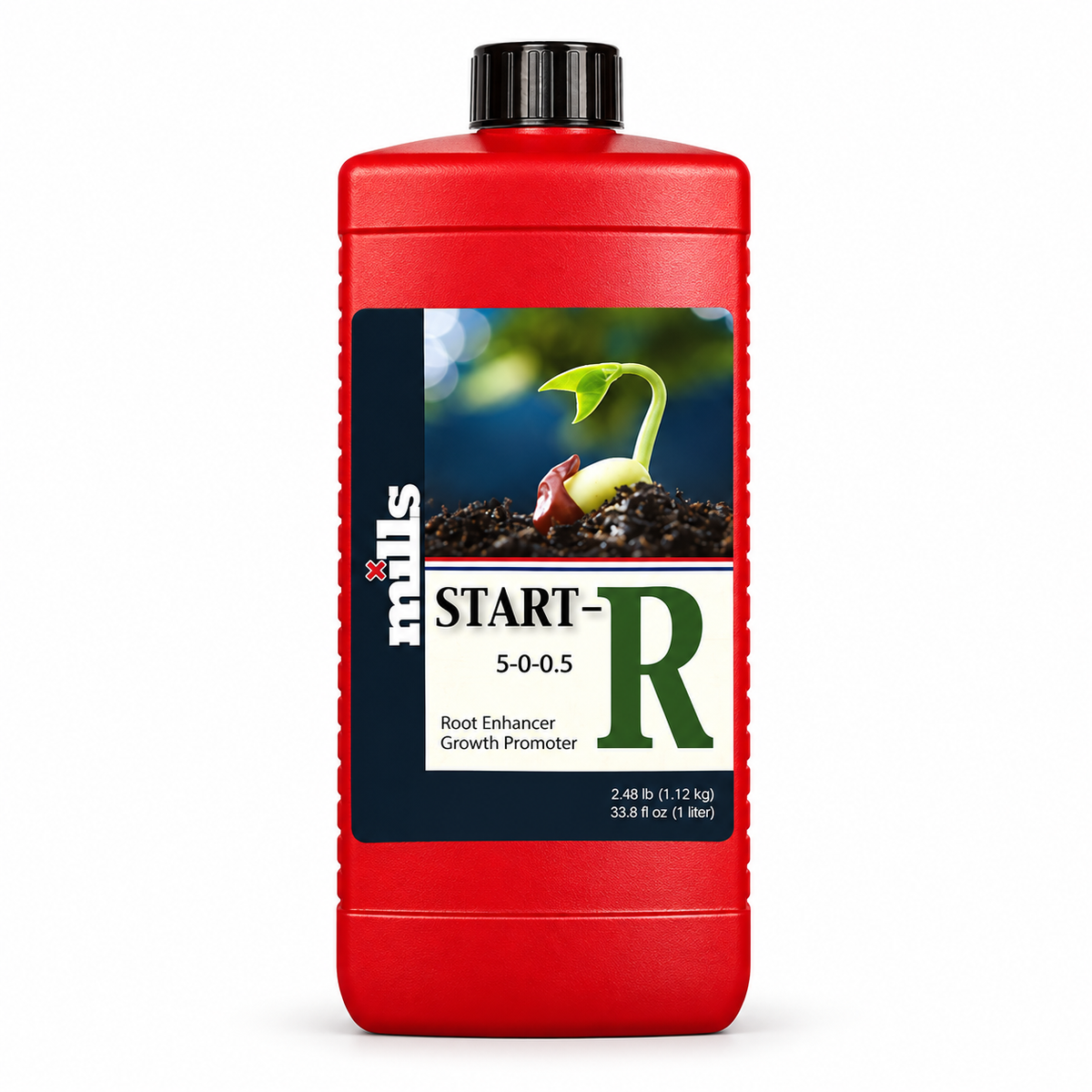 AI-created clean render of the Mills Start-R 1L red bottle with black cap and original seedling label on a white background.