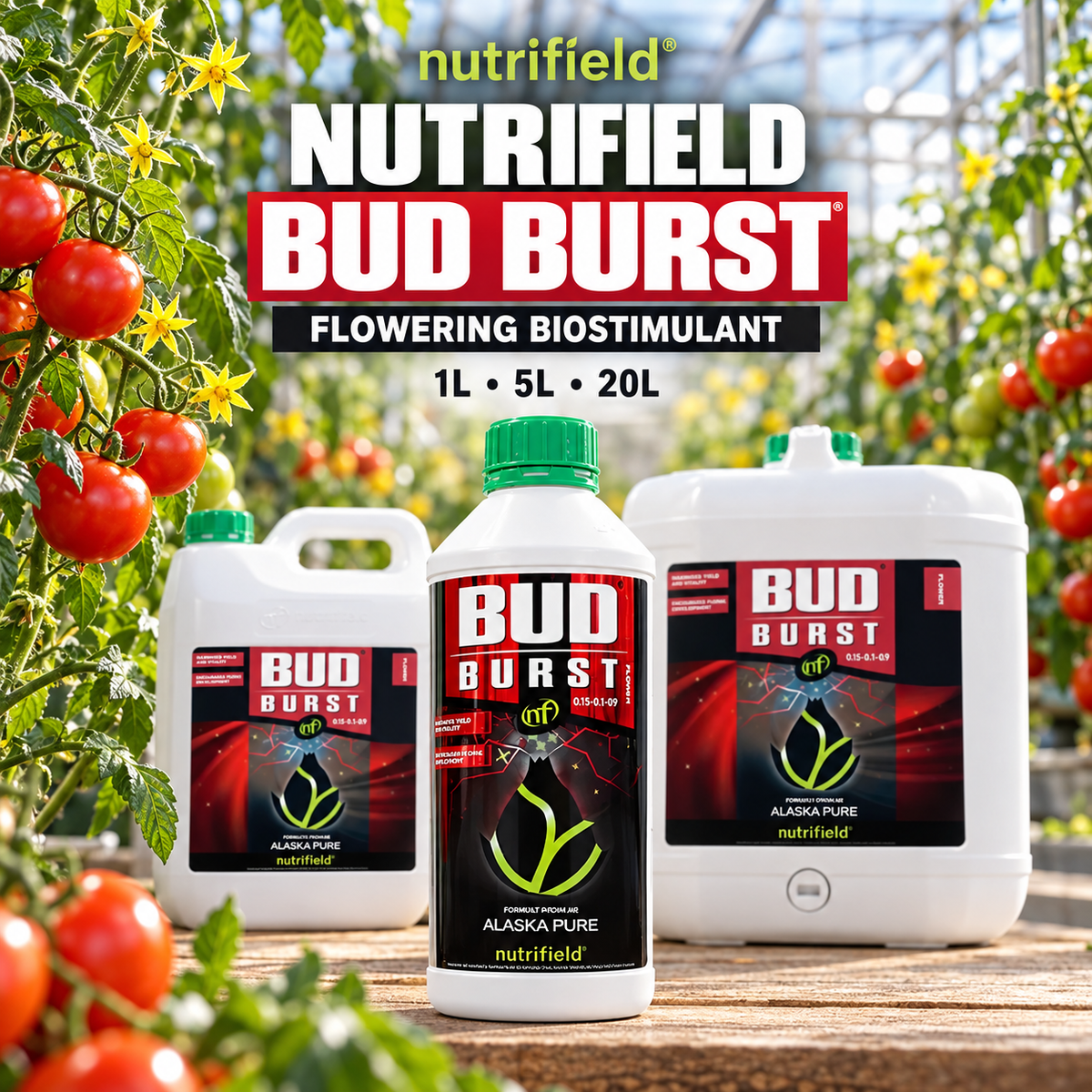 General advertisement for Nutrifield Bud Burst showing the 1L, 5L and 20L containers in a flowering tomato greenhouse.