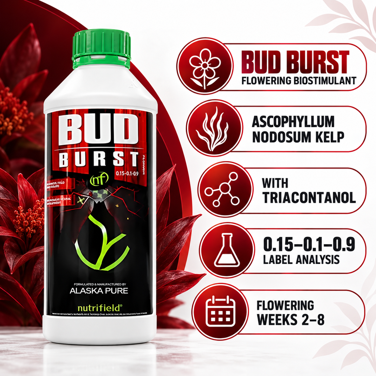 Nutrifield Bud Burst features infographic showing kelp, triacontanol, 0.15-0.1-0.9 label analysis and flowering weeks 2–8.