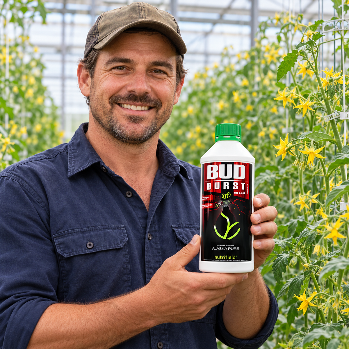 Adult Australian tomato greenhouse grower presenting a closed Nutrifield Bud Burst 1L bottle.