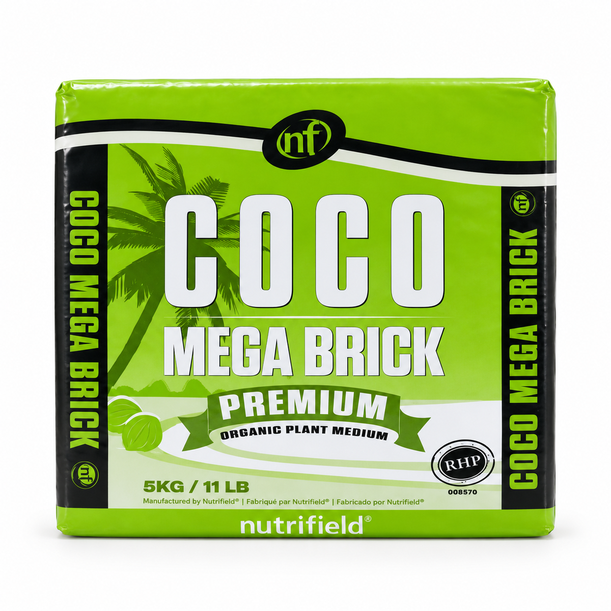 AI-created clean studio render of the Nutrifield Coco Brick Mega 5KG RHP-certified compressed coir block on a white background.