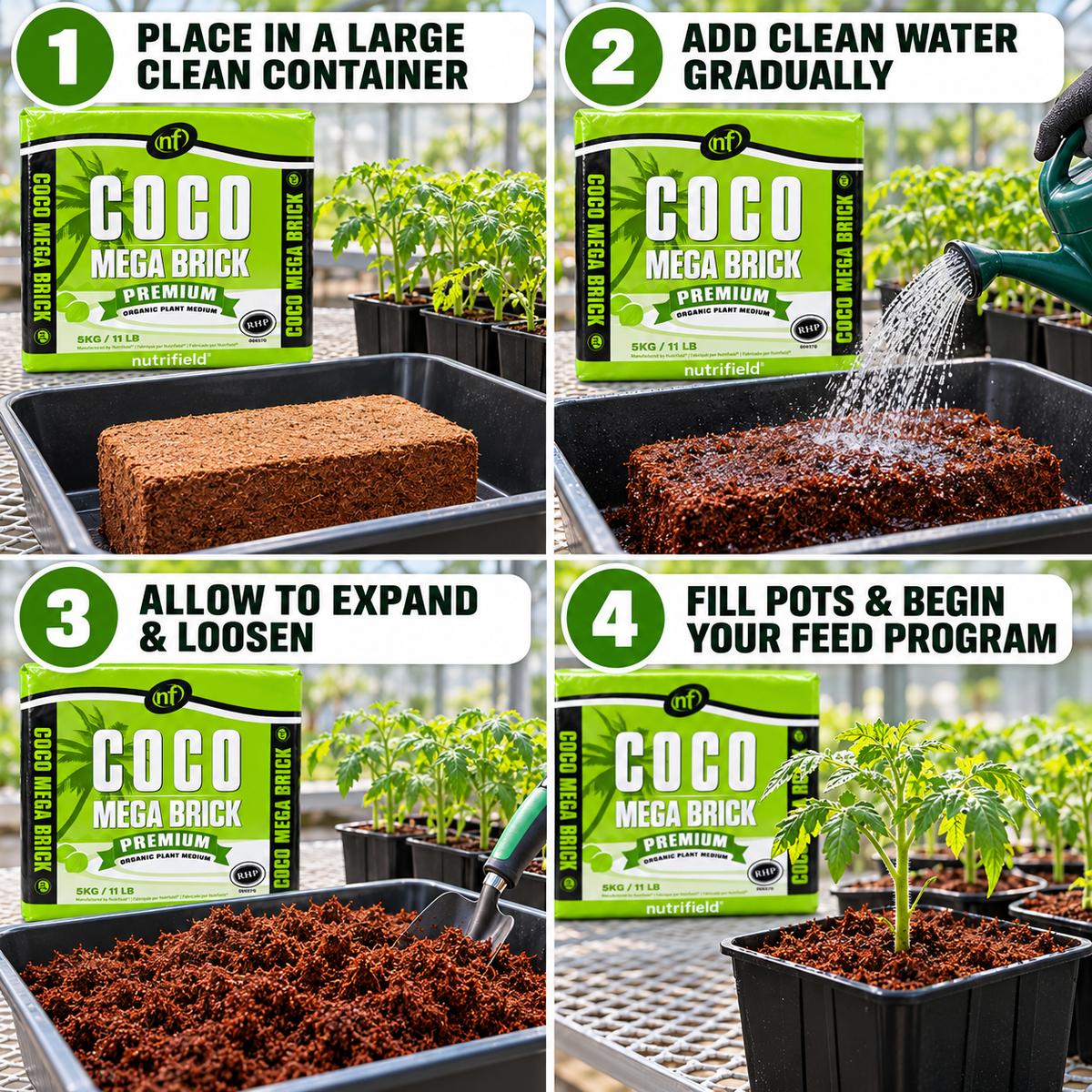 AI-created four-step guide to placing, hydrating, loosening and using the Nutrifield Coco Brick Mega 5KG.
