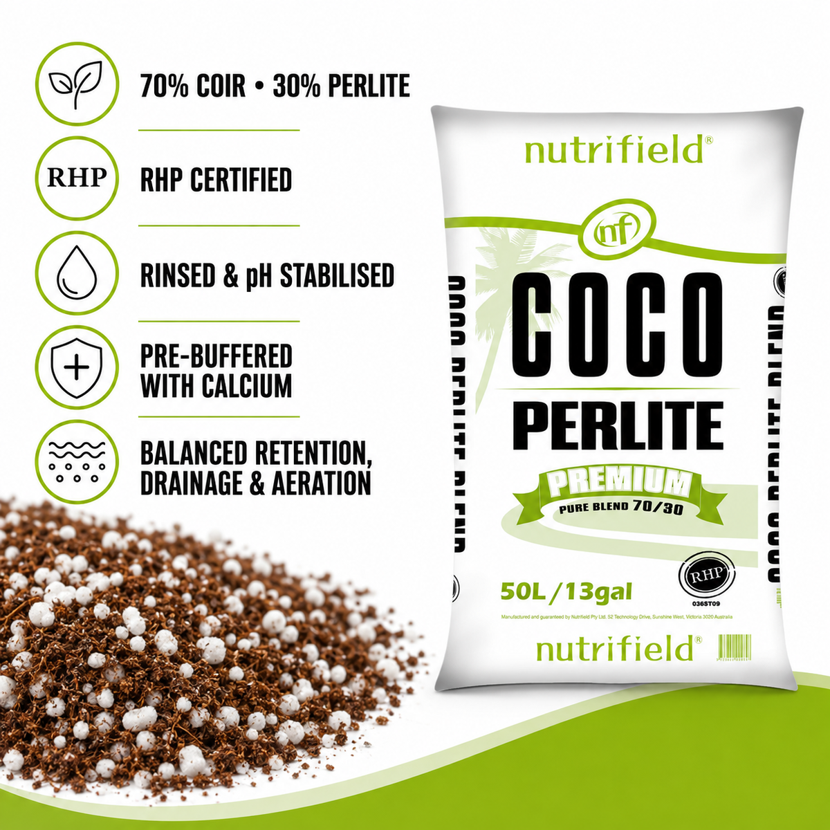 Benefits and features of Nutrifield Coco Perlite 70/30 50L, including RHP certification, rinsing, pH stabilisation and calcium buffering.