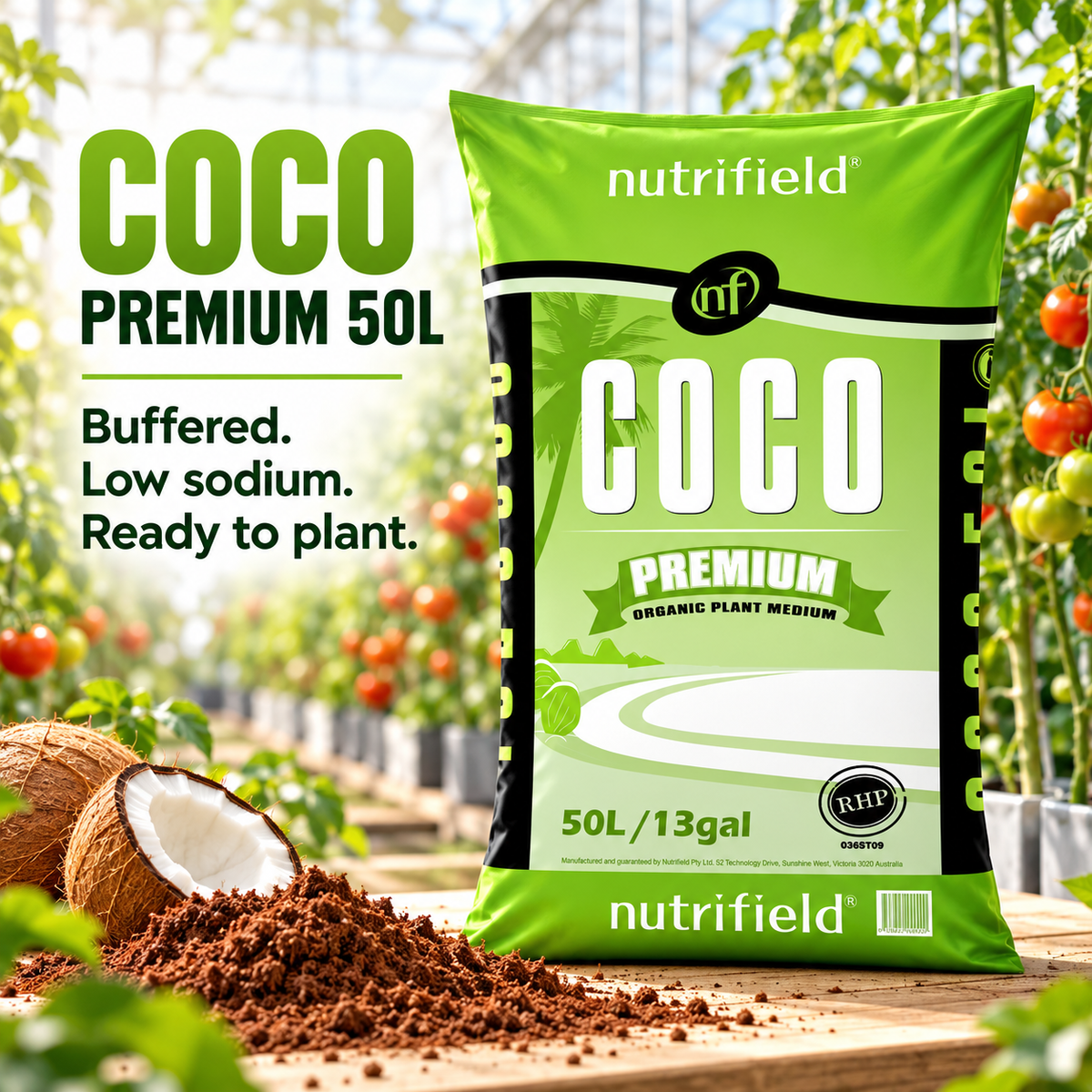 AI-created advertisement for Nutrifield Coco Premium 50L showing the green bag in a tomato greenhouse with buffered, low-sodium and ready-to-plant copy.