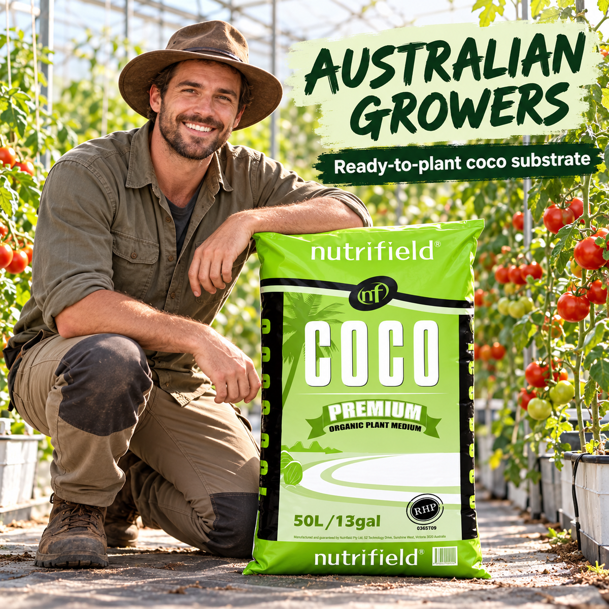 AI-created image of an adult Australian greenhouse grower presenting a Nutrifield Coco Premium 50L bag beside tomato plants.