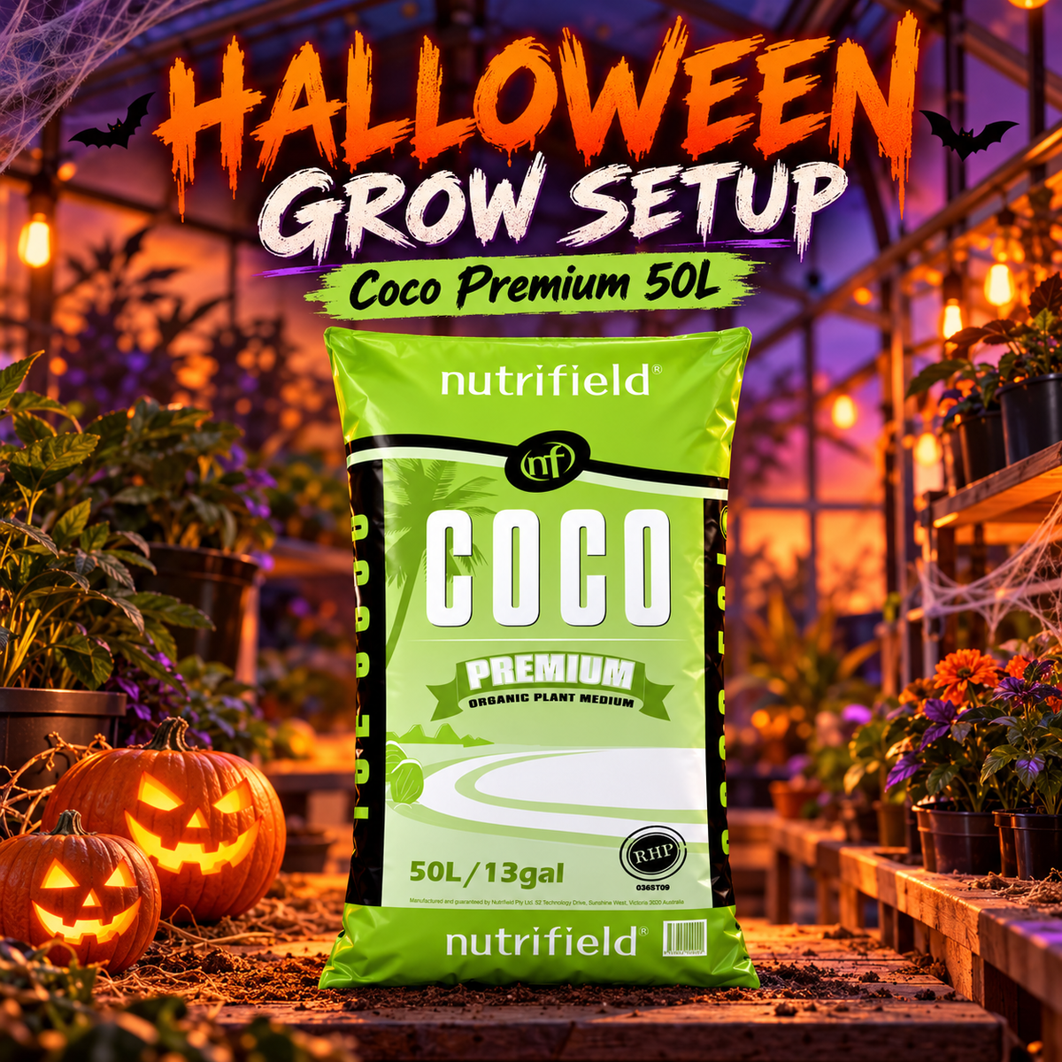 AI-created Halloween hero featuring the Nutrifield Coco Premium 50L bag with orange-purple greenhouse lighting and pumpkins.