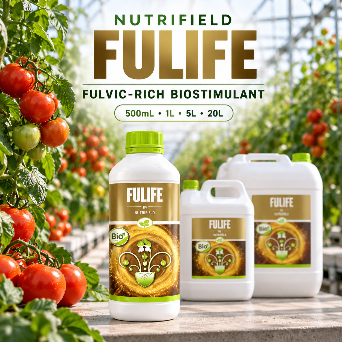General advertisement for Nutrifield Fulife showing the closed 1L bottle with 5L and 20L containers in a tomato greenhouse and the 500mL–20L size range.