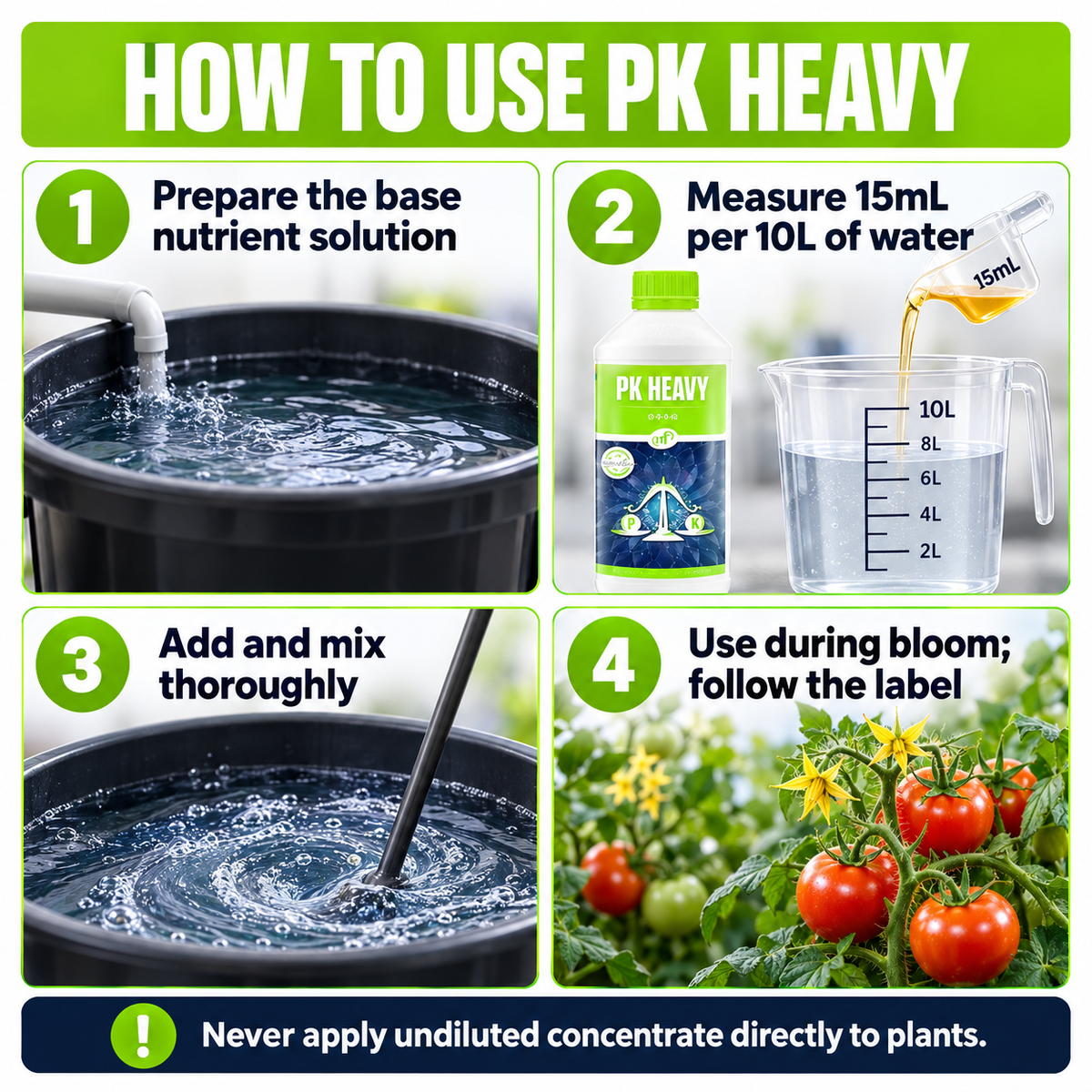 Four-step Nutrifield PK Heavy guide: prepare nutrient solution, measure 15mL per 10L, mix thoroughly and use during bloom.